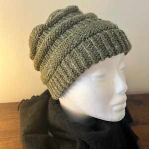 Hand Knit hemp blend Slouch Beanie Hat - Olive Green